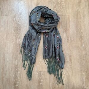 Gray silk floral embroidered scarf